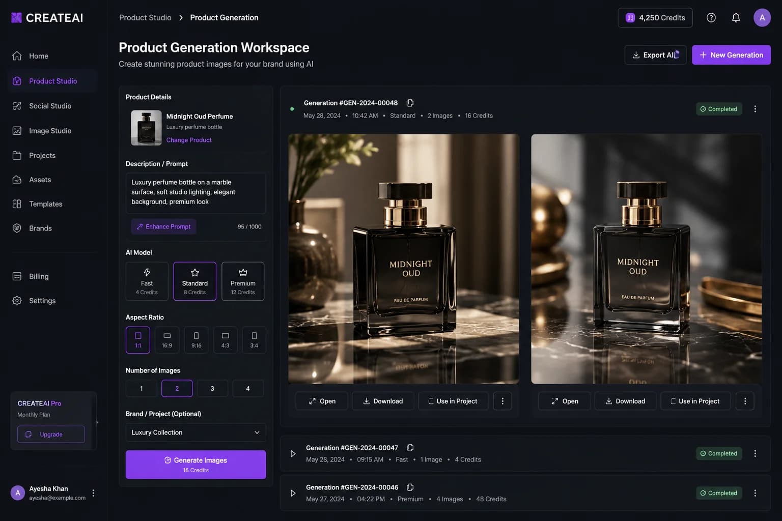 Product Generation CREATEAI interface