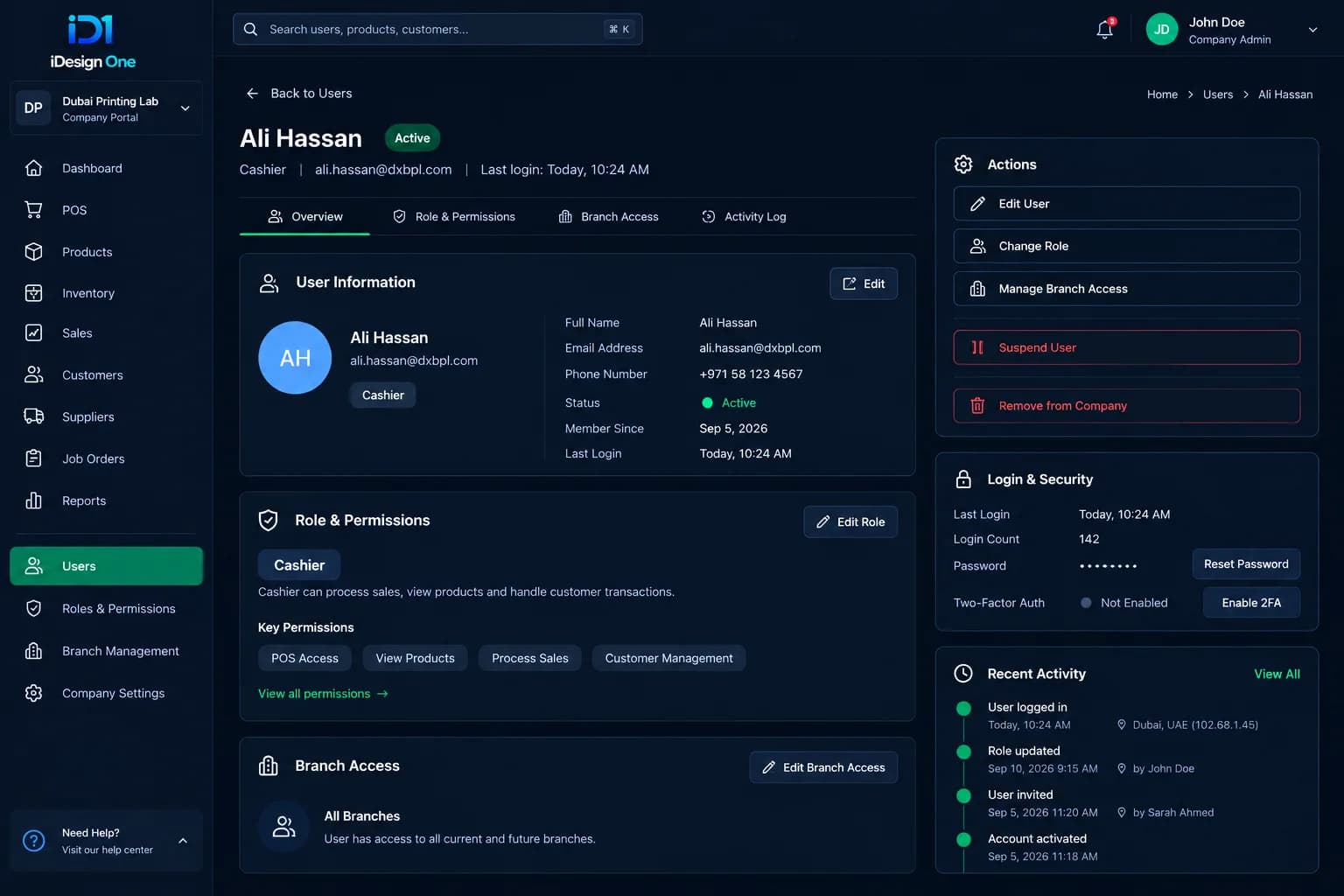 User Details POS interface