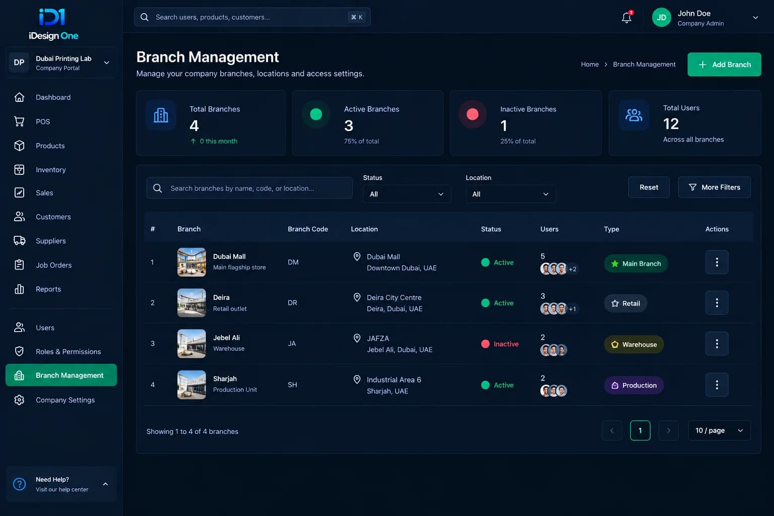 Branch Management POS interface
